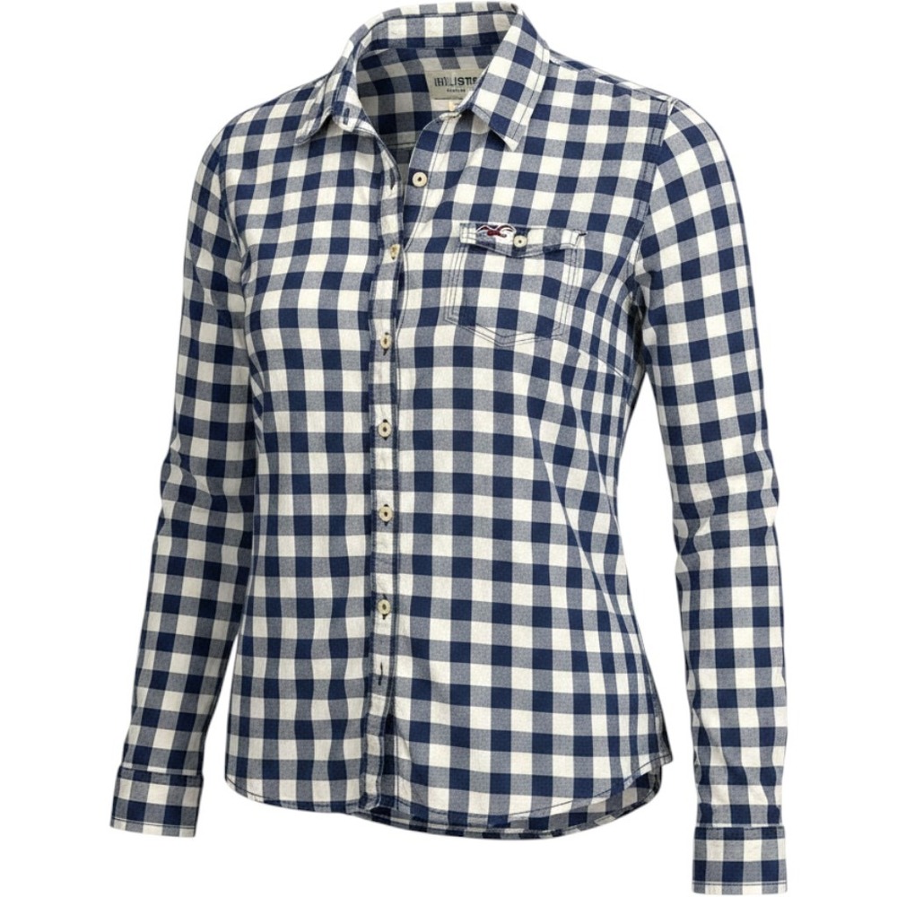 Hollister‎ Womens Navy Blue White Buffalo Plaid Button Down Shirt Large Seagull